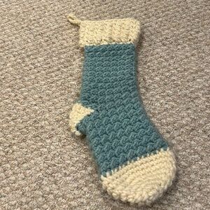 Homemade crocheted, stocking teal and cream absolutely adorable24”longx8”wide